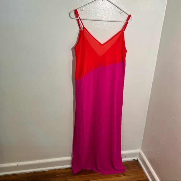 Sleeveless Sheer Maxi Dress Cover Up Pink Orange Colorblock - Picture 2 of 8